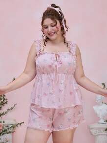 ROMWE Kawaii Plus Size 2 Pieces Set Rabbit & Bow Allover Print Casual Summer Pajamas - Baby Pink - View 9
