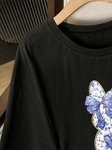 SHEIN Lacomfia maglietta casual da donna con stampa grafica, a maniche corte e scollo rotondo, taglia grande, adatta per l'estate
