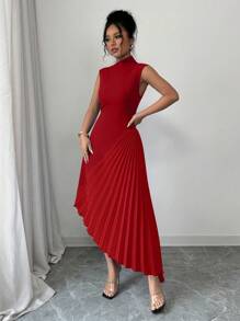 Elenzga 女士优雅休闲连衣裙，领口、腰线和下摆不对称，无袖，适合通勤、度假、派对 - 紅色 - 查看 5
