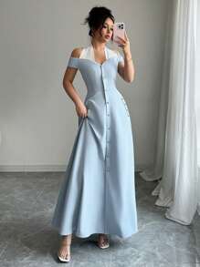 SHEIN LUNE 女士优雅休闲适合日常穿着的露背宽松短袖金属纽扣前 A 字连衣裙 - 藍色 - 查看 4