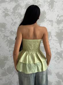 Glamine Áo Bandeau xếp ly co giãn có họa tiết - Màu xanh Ô liu - Xem 2