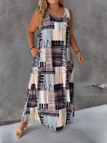 Weeklong Plus Size Round Neck Casual Printed Knitted Dress - Multicolor - View 5