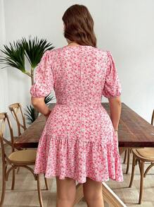 EMERY ROSE Plus Size Romantic Pink Ditsy Floral V-Neck Puff Sleeve Wrap-Style Vacation Dress - Pink - View 2