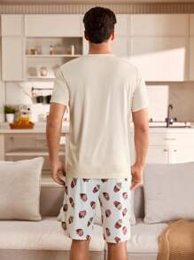 SHEIN 2pcs/Set Men Graphic Print Crew Neck Short Sleeve Top And Shorts Pajama Set - Apricot - View 3