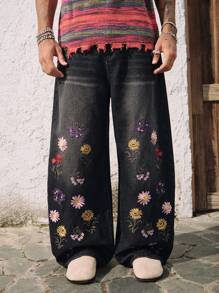 ROMWE MEN Street Life Men's Floral Daisy Embroidery Patch Pockets Loose Straight Leg Casual Versatile Jeans, Vacation - Black - View 1