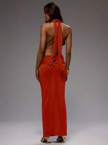 MUSERA Gaun Maxi Rajut Model Halterneck, Potongan Lurus, Potongan Depan Berpilin, Warna Merah Oranye, Cocok untuk Pesta Malam Hari, Prom, Wisuda, Pernikahan, dan Acara Pantai. - Merah - View 3