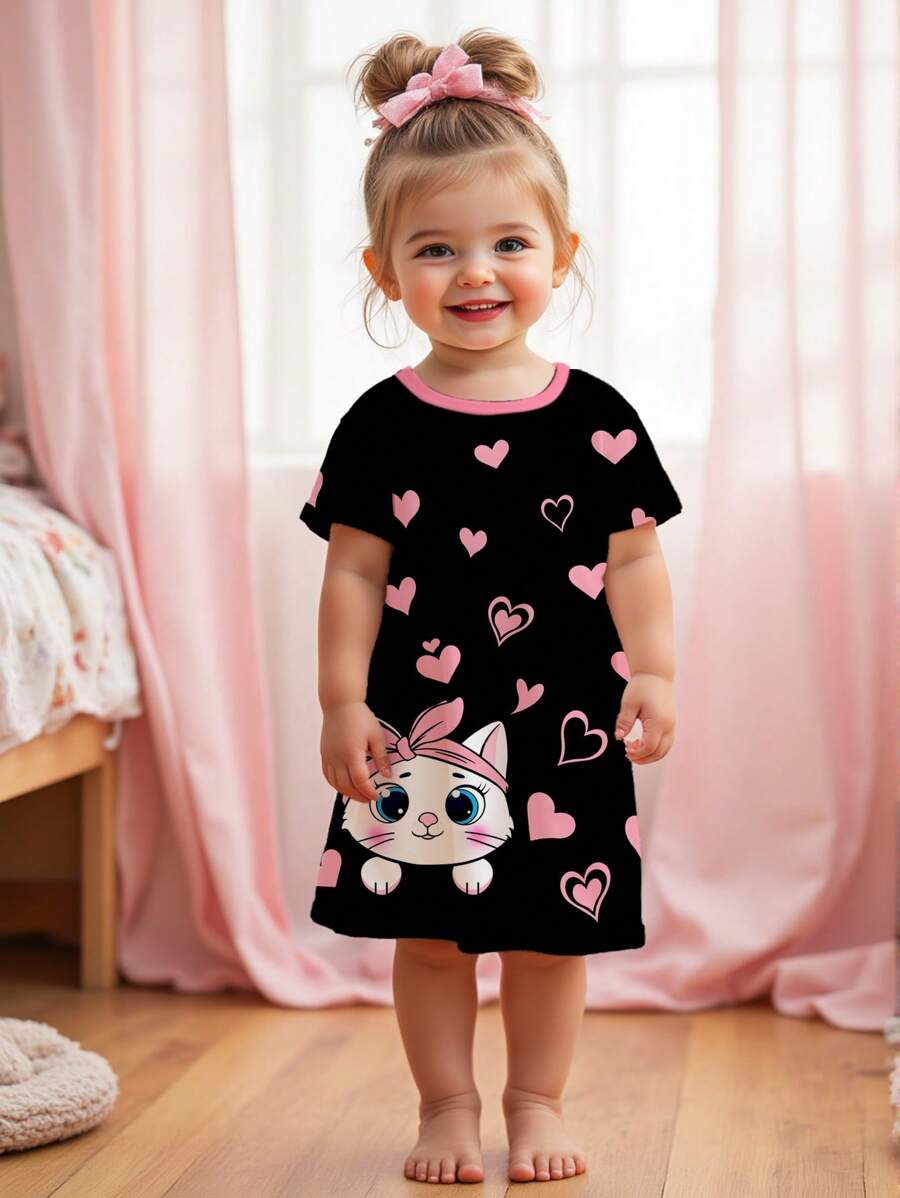 SHEIN Leap Crew Baby Girl Casual Black Kitty Heart Cartoon Print Crew Neck Short Sleeve Maxi Dress Loungewear, Suitable For Summer