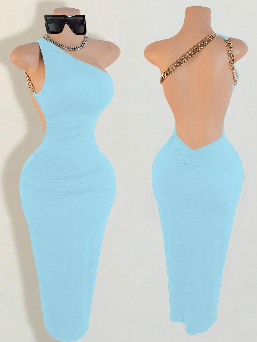 BamGleam Women's Sexy Asymmetrical Neck Chain Decor Backless Long Dress - Baby Blue - View 1