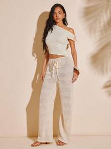 Hauture Summer Elegant Asymmetrical Neck Butterfly Decor Cropped Top  Ibiza Outfits - Apricot - View 5