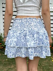 SHEIN Leap Crew Falda casual para adolescentes con cintura fruncida y detalle de volantes, cómoda y sencilla - Azul - Ver 2