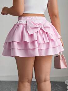 Celure Váy nơ nhiều lớp màu hồng dệt kim thanh lịch cỡ lớn cho nữ - Hồng - Xem 5