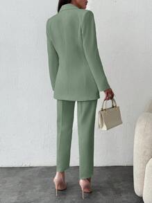 EURMUSE 女士纯色翻领双排扣夹克和裤子 - 薄荷綠 - 查看 2
