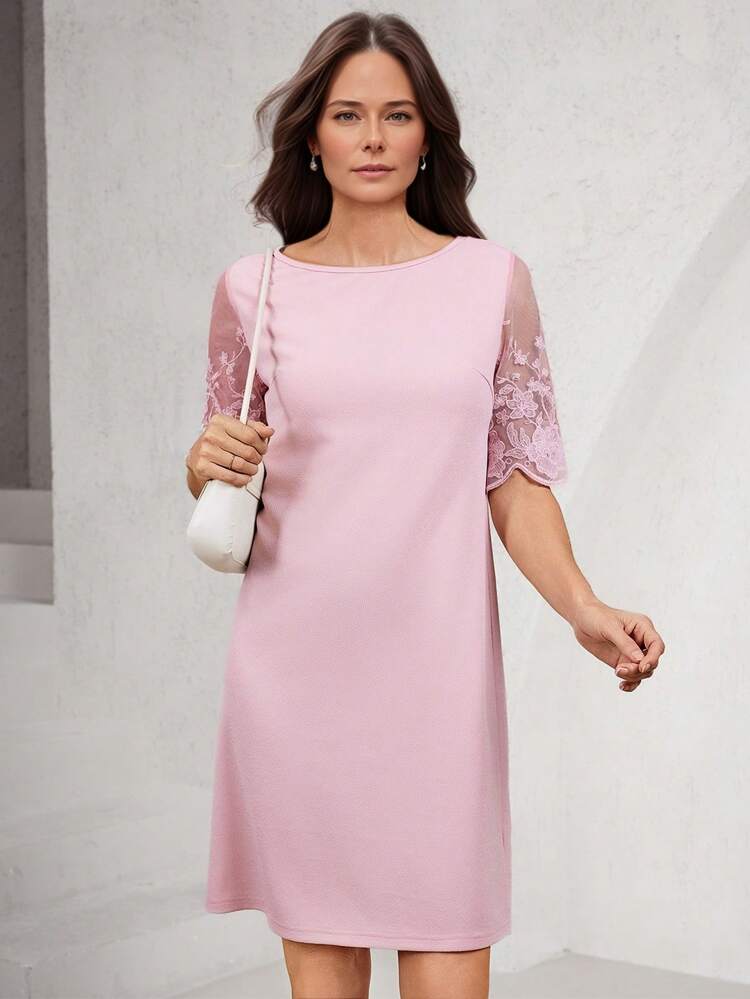 -Tea-Party-Dress-Pink-Dress-Women-Short-Dresses-Summer-Work-Summer-Dresses-11027758897938432 Women's Solid Color Mesh Splice Embroidered Elegant Round Neck Midi Dress,  Tea Party Dress Pink Dress Women Short Dresses Summer Work Summer Dresses  Business Casual Woman｜Emery Rose