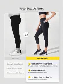GLOWMODE 21" FeatherFit™-Sculpt Tummy Control On The Run Insta-Cinch Y-Shaped Butt Workout Leggings With Side Pockets Medium Impact Workout Jogging Gym Training