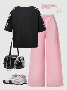 SHEIN 2pcs Tween Girls American Style Patchwork Short Sleeve Graphic Tee And Cargo Pants Outfit Set