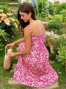 KARISMINA Sommerliches Lässig Date Kleid für Ausflüge, mit Bindeband an der Vorderseite der Brust und Kreuzband am Rücken zum Raffraffen der Taille sowie einem ausgestellten A-Linien Rock mit Schlitz an der Seite, ein romantisches Kleid mit kleinem Blumenmuster im Vintage-Stil, einfacher Stil, Bürokleidung, "Old Money"-Stil, Lehreroutfit, Date-Kleid, für Hochzeitssaison-Nachmittagsteeveranstaltungen, Muttertagskleid, für Musikfestival-Ausflüge.