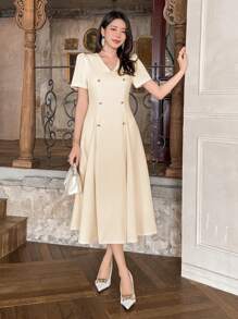 DAZY Vestido de mujer a media pierna de unicolor con cuello en V, mangas abullonadas y plisado - Beis - Ver 5