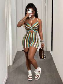 Slaydiva New Casual Vacation Streetwear Knit Camisole Printed Colorful Striped Front Twist Bodycon Romper Shorts - B - Multicolor - View 3