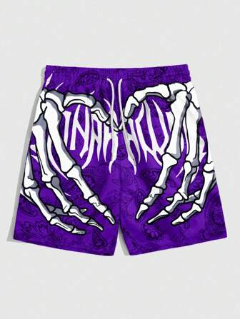 Goth Shorts casuales de verano para hombres con cordón en la cintura y estampado de calavera y mano