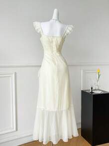 Comfortcana Đầm dài thanh lịch xếp ly viền nhún màu trơn cho nữ - Màu be - Xem 2