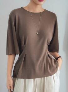 Dazy-Less Camicetta estiva da donna in maglia piisseggiata con bottoni, tinta unita, stile casual business, vita stringata, maniche corte con fiocco sul retro