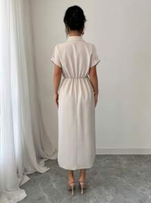 Elenzga Abito elegante da donna con vita plissettata e spacco, colore unito, adatto per l'estate