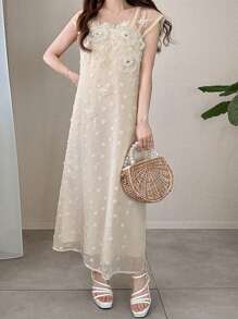 FRIFUL Women's Holiday Splicing Chiffon Mesh Strap Rose Flower Decor Straight Hem 2 In 1 Sweet Cream Yellow Long Dress, Ladies Summer Outfit, Graduation Dress, Wedding Guest Dress