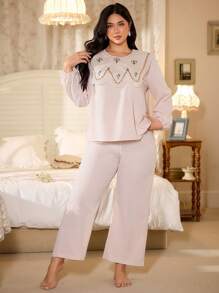 CottageSlumber Plus Size Embroidered Peter Pan Collar Long Sleeve & Long Pants Pajama Set Holiday Season