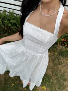 SHEIN Teen Girls Sweet Floral Trim Cinched Waist A-Line Mid-Length Dress - White - View 4