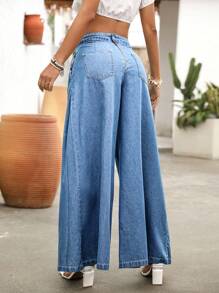 Breezaya Damen Plissee Weite Lässig vielseitige Weite Bein Jeans - Mittele Waschung - Übersicht 2