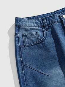 SHEIN Forever 21 Men's Loose-Fitting Street Style Blue Washed Jeans; Pleats On The Trousers; Rhinestone Pattern On The Back Pockets - Blue - View 3