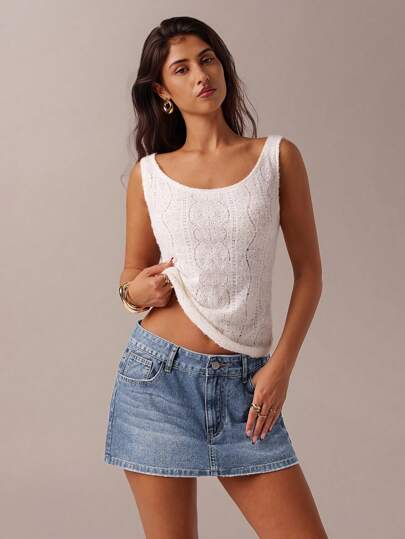 SHEIN Forever 21 New Arrival Spring Women's Denim A-Line Skirt With Heart Collar, Reversible Sweetheart Neck, Contrast Color Embroidery Decoration