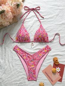 Swim Mod Set de 2 piezas con estampado floral de bikini sexy con parte superior triangular y Bottom con corte alto, apropiado para vacaciones de verano - Multicolor - Ver 1