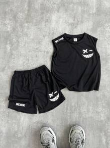 Young Boy Cartoon Graphic Round Neck Tank Top And Shorts Set, Summer - Apricot - View 1