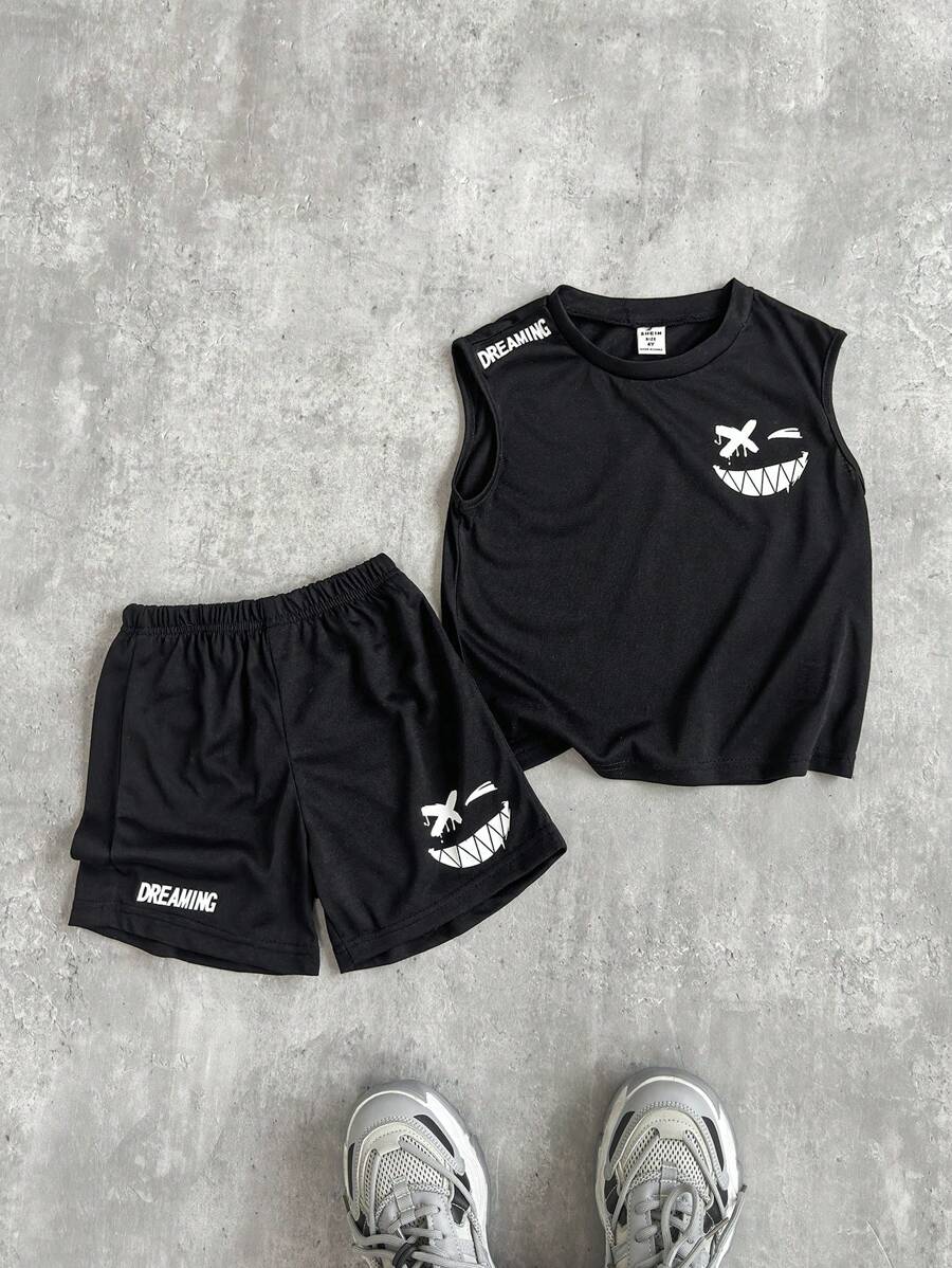 Young Boy Cartoon Graphic Round Neck Tank Top And Shorts Set, Summer - Apricot - View 1