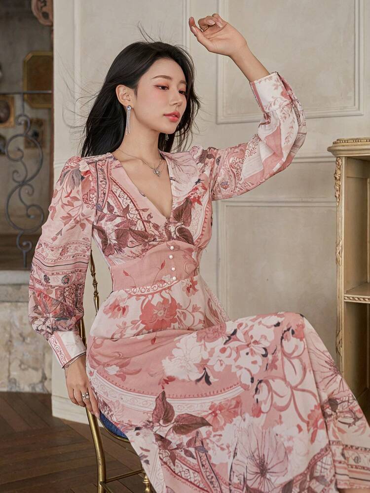 V-Neck Floral Puff Sleeve Mid-Calf Women's Dress,Fall Dress Long Sleeve Dress Maxi Dress Boho