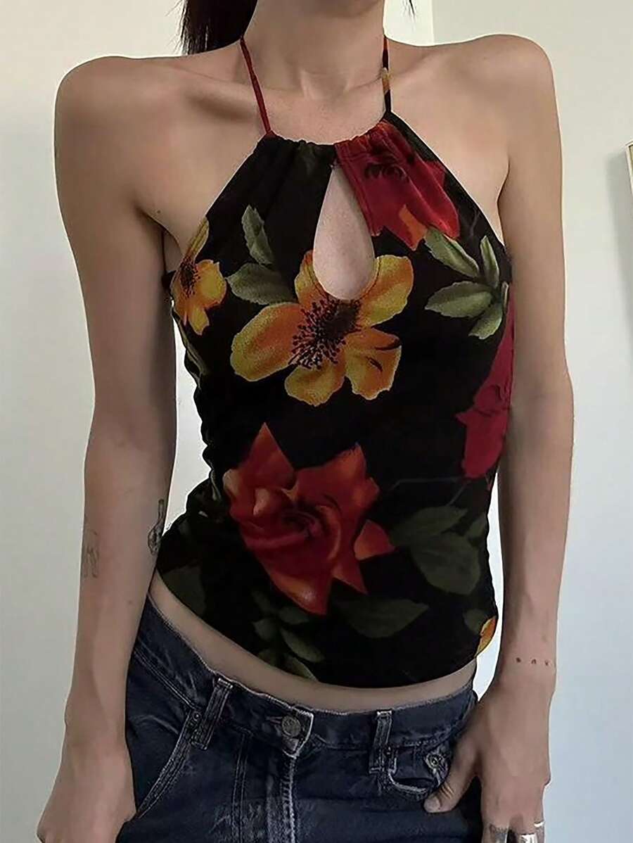 SHEIN EZwear Damen Lässig Cut Out-Out Träger Blumen Muster Tank Top, Urlaubskleidung