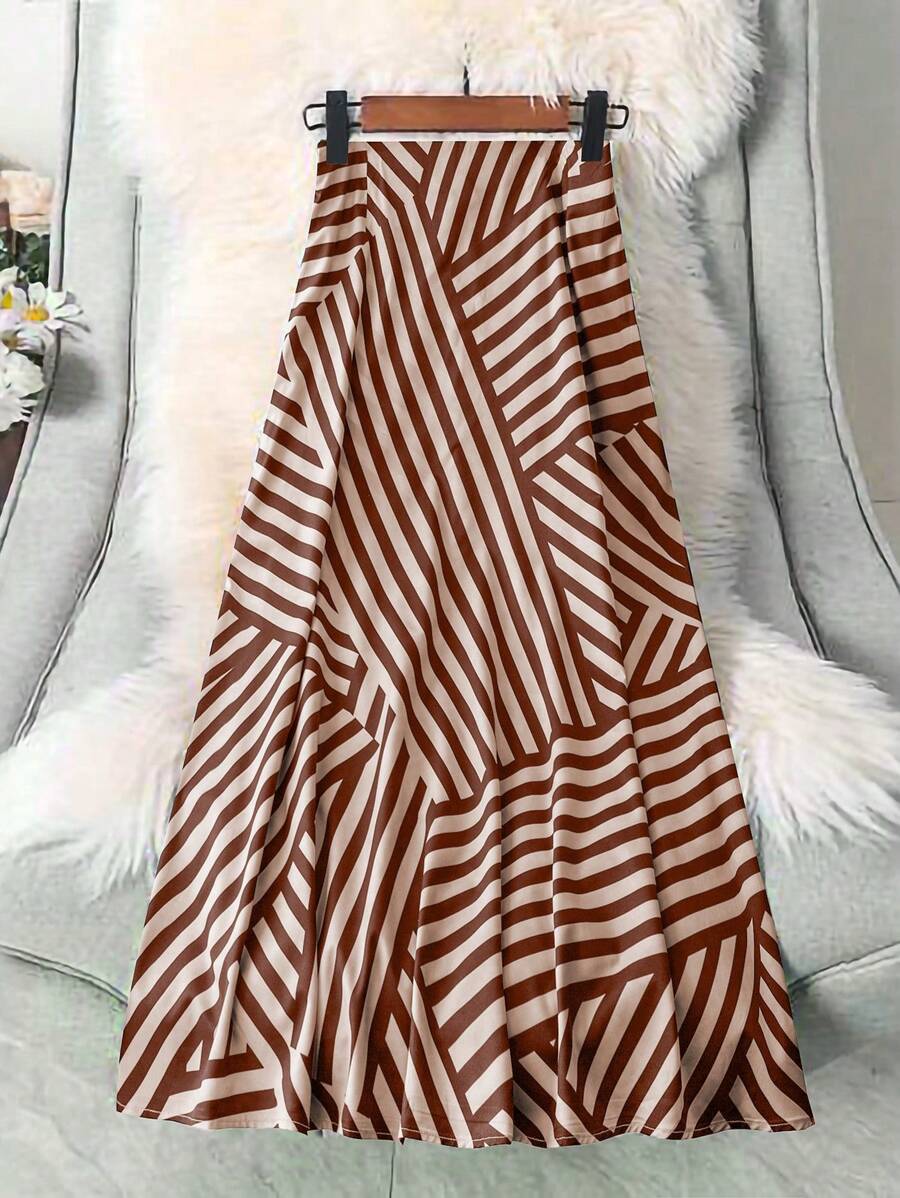 SHEIN LUNE Women's Black & Peach Striped Patchwork Print Comfortable Loose A-Line Skirt, Versatile & Slimming, Spring/Summer - Multicolor - View 1