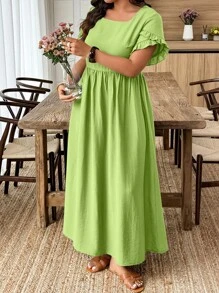 Weeklong Plus Size Smocked Scalloped Hem A-Line Dress, Solid Color, Fashion, Suitable For Summer BASICS Women Summer Clothing Women Plus Sun Dress Woman S Summer Clothes - Lime Green - View 5