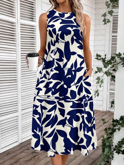 EMERY ROSE Plus Size Women Blue & White Print Midi Casual Dress, Suitable For Spring & Summer,Sundress,Summer Dresses For Women Chic Dress,Flower/Vacation