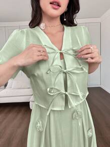 Modelyn 2件套女士3D花卉束腰短袖短款上衣和吊带背心连衣裙 - 綠色 - 查看 7