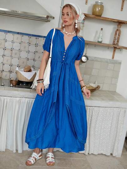 LanaWest Blue Women's Sun-Protective Drawstring Maxi Dress With Lace Patchwork