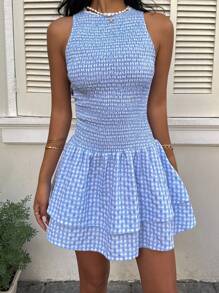 Sunnyshic 蓝色格纹无袖A字迷你连衣裙，松紧腰身，修身廓形，甜美法式风情，适合度假，春夏季