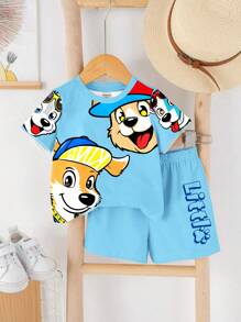 2pcs/Set Baby Boy Casual Cartoon Pattern Round Neck Short Sleeve T-Shirt And Shorts, Suitable For Summer - Multicolor - View 2