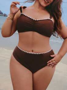 Elaquor 加大码夏季度假海滩撞色边褶饰胸围比基尼套装 - 咖啡棕 - 查看 3