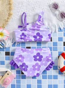 Floral Print Asymmetrical Neckline Baby Girl Bikini, Random Prints - Purple - View 2