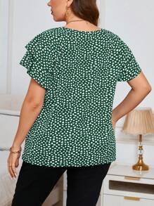 EMERY ROSE Plus Size Fall Casual All-Over Print Ruffle Hem Blouse Women Tops - Dark Green - View 2