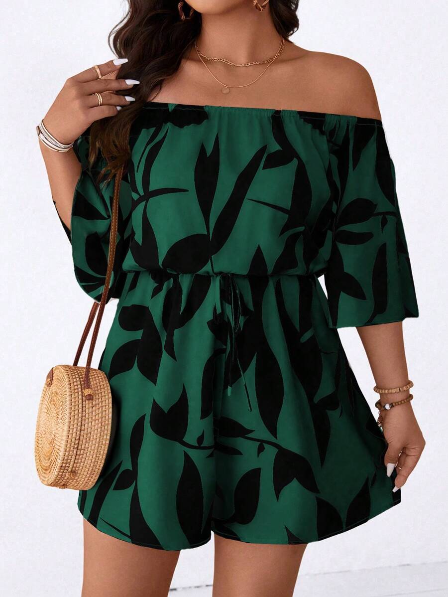 SHEIN LUNE Plus Size Women's Casual Off Shoulder Romper With Printed Pattern - Dark Green - View 1