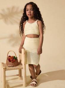 SHEIN 少女杏色钩针编织背心和中长裙两件套，夏季 - 杏色 - 查看 4