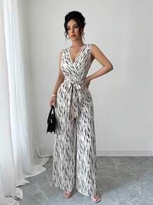 Elenzga 2025 Spring & Summer New Style Casual Black & Apricot Printed Vacation & Commute Cross V-Neck Cinched Waist Sleeveless Jumpsuit